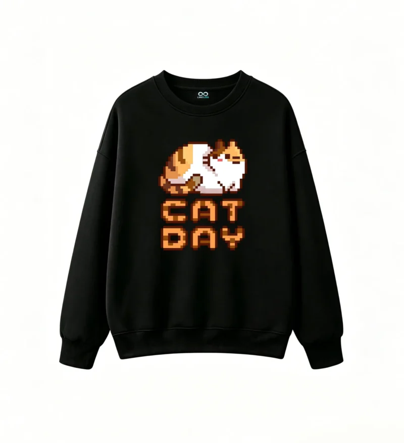 Buzo cuello redondo Algodón Estampado Pixel Art Gato Casual Premium