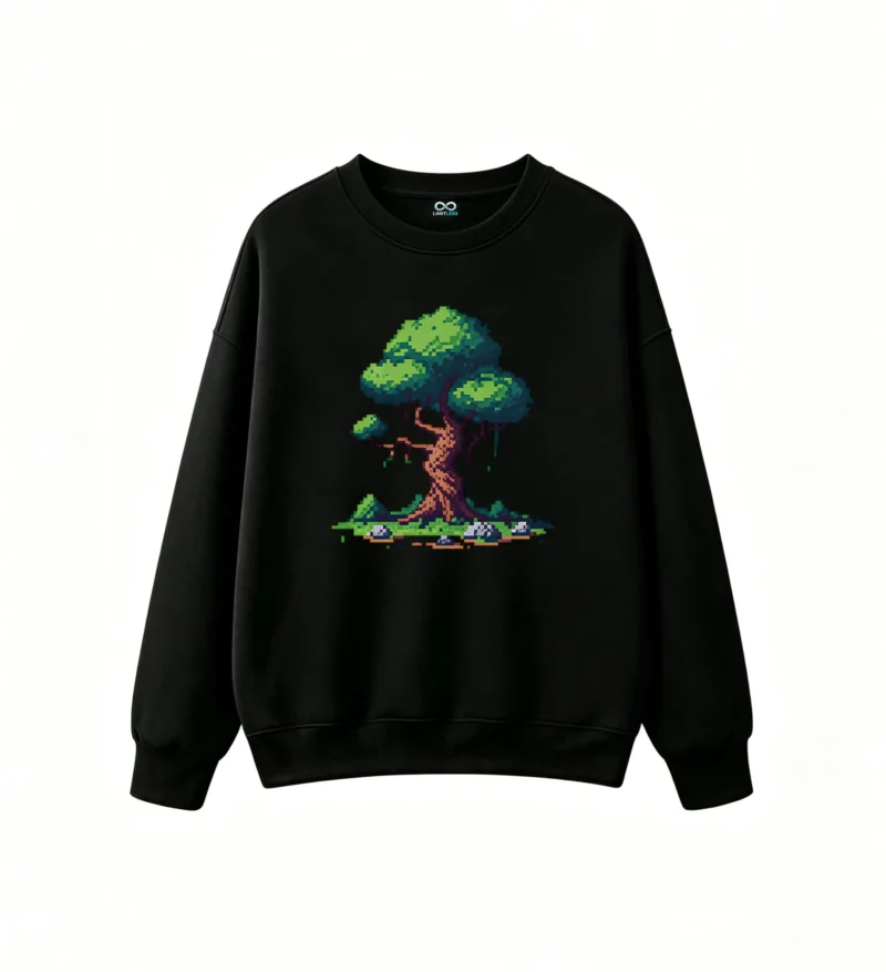 Buzo cuello redondo Algodón Árbol Pixel Art Estampado Premium Casual