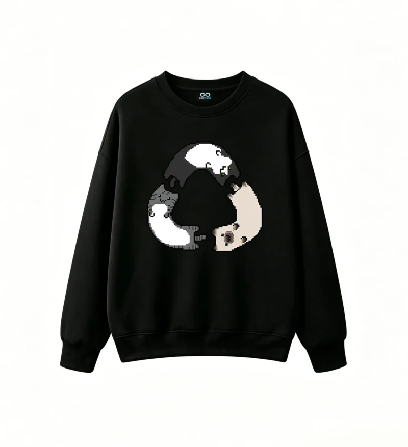 Buzo cuello redondo Algodón Estampado Gatos Pixel Art Casual Premium