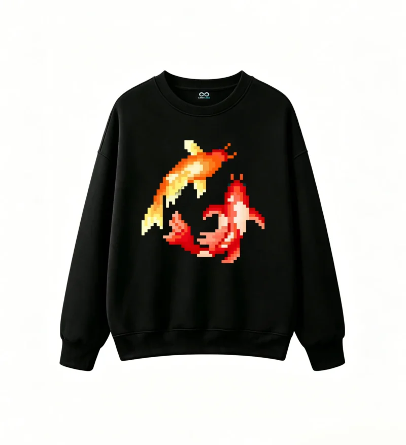 Buzo cuello redondo Algodón Estampado Peces Koi Pixel Art Estilo Japonés