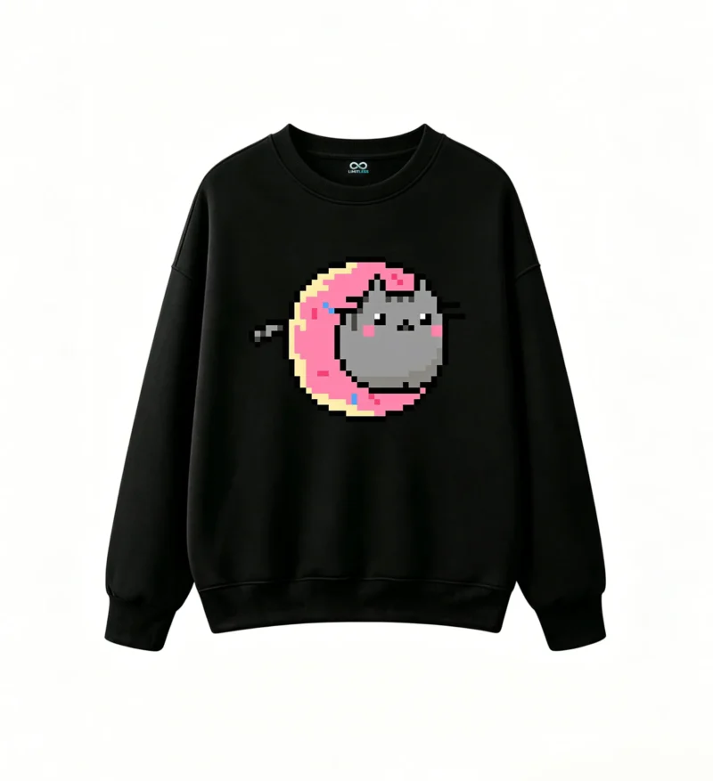 主图_1 Buzo cuello redondo Algodón Gato Pixel Art Donut Kawaii Diseño Premium