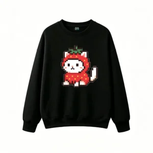 Buzo cuello redondo Algodón Estampado Pixel Art Gatito Frutilla Kawaii