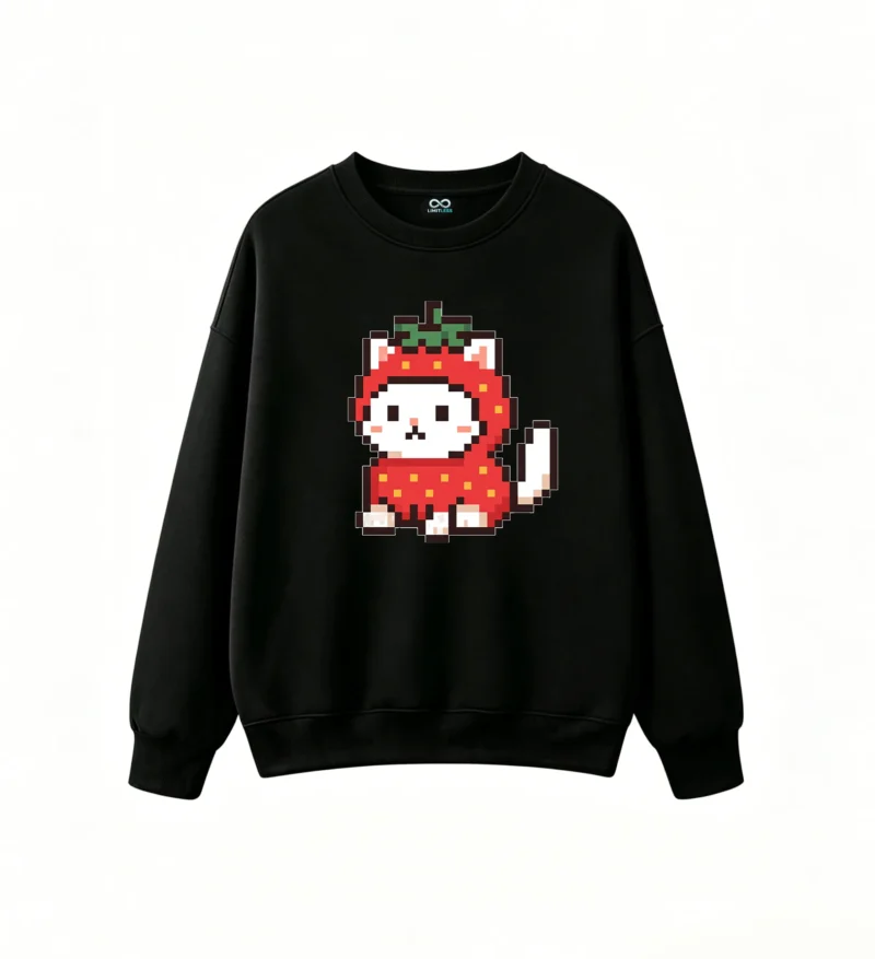 Buzo cuello redondo Algodón Estampado Pixel Art Gatito Frutilla Kawaii