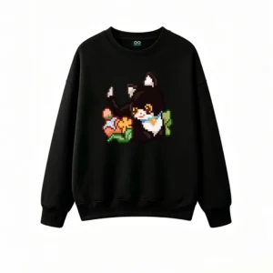 Buzo cuello redondo Algodón Estampado Pixel Art Gato Kawaii Premium