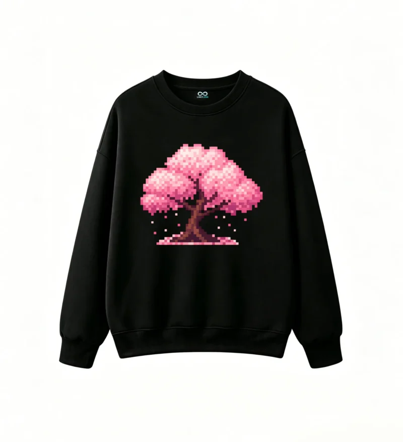 Buzo cuello redondo Algodón Estampado Árbol Sakura Pixel Art Premium