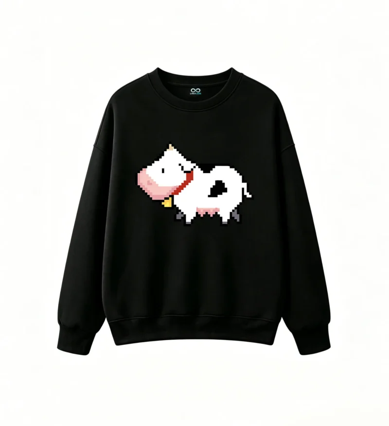 Buzo cuello redondo Algodón Estampado Vaca Pixel Art Estilo Kawaii Trend