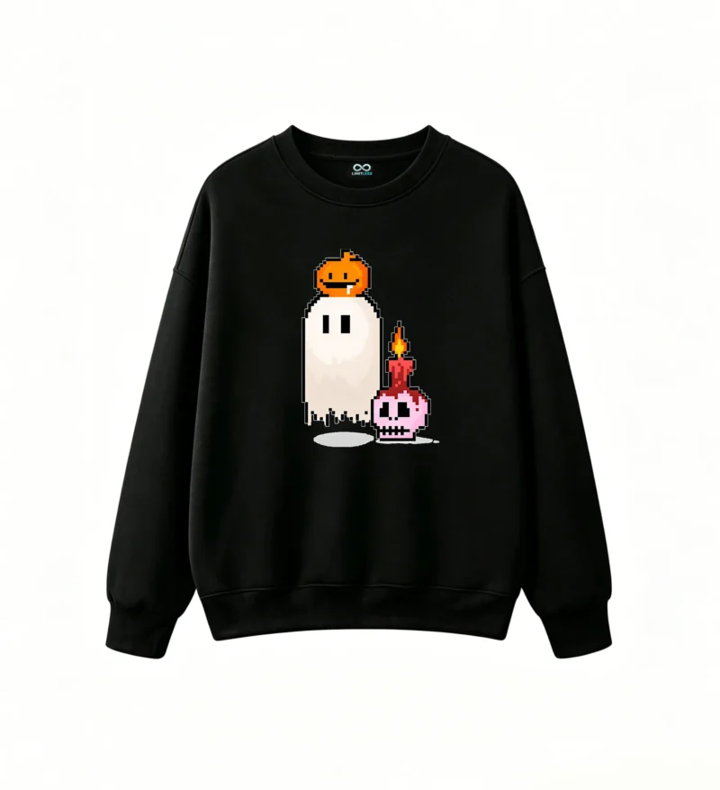 Buzo cuello redondo Algodón Estampado Pixel Art Halloween Fantasma Calavera