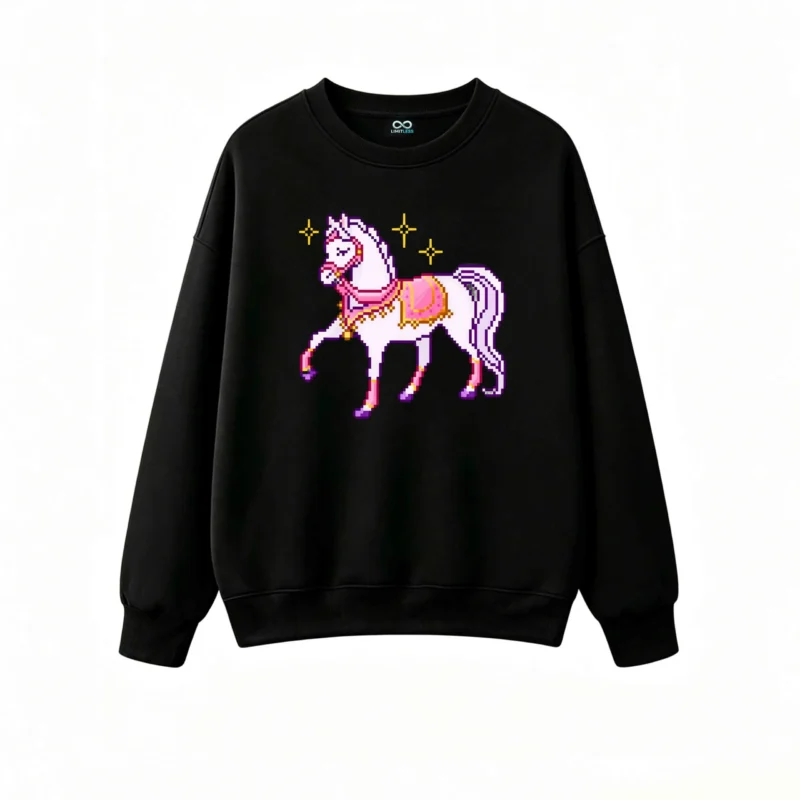 Buzo cuello redondo Algodón Estampado Caballo Pixel Art Estilo Y2K Moda