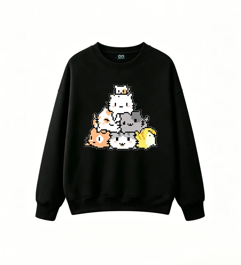 Buzo cuello redondo Algodón Estampado Pixel Art Gatos Kawaii Trendy