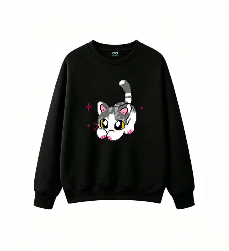 Buzo cuello redondo Algodón Estampado Pixel Art Gato Estilo Y2K Casual