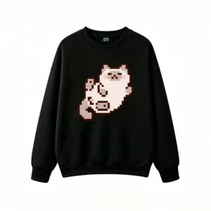 主图_1 Buzo cuello redondo Algodón Estampado Gato Pixel Art Kawaii Diseño Casual