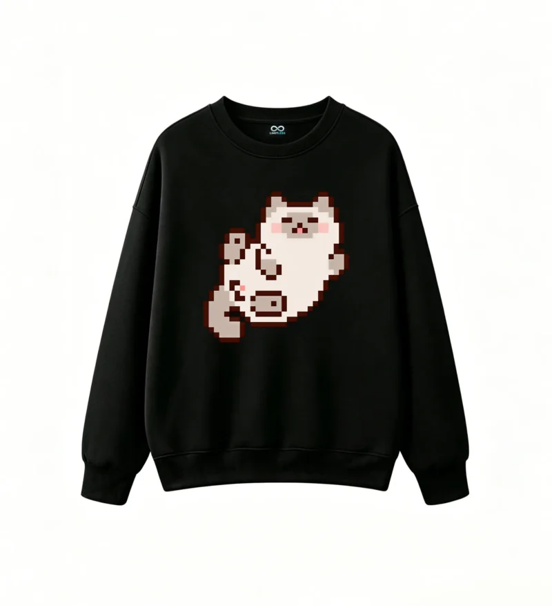 Buzo cuello redondo Algodón Estampado Gato Pixel Art Kawaii Diseño Casual