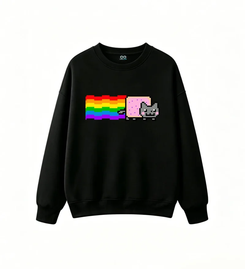 Buzo cuello redondo Algodón Estampado Nyan Cat Pixel Art Arcoíris Premium
