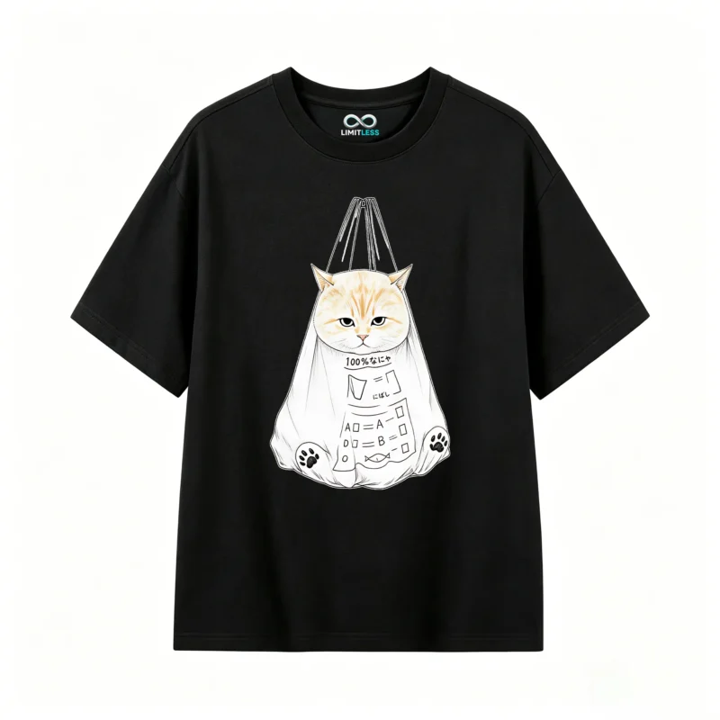 Remera Algodón Estampado Gato Kawaii Diseño Oversize Premium