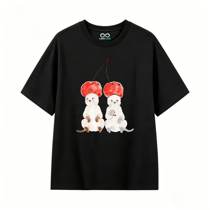 主图_1 Remera Algodón Estampado Gatos Cerezas Diseño Kawaii Trendy