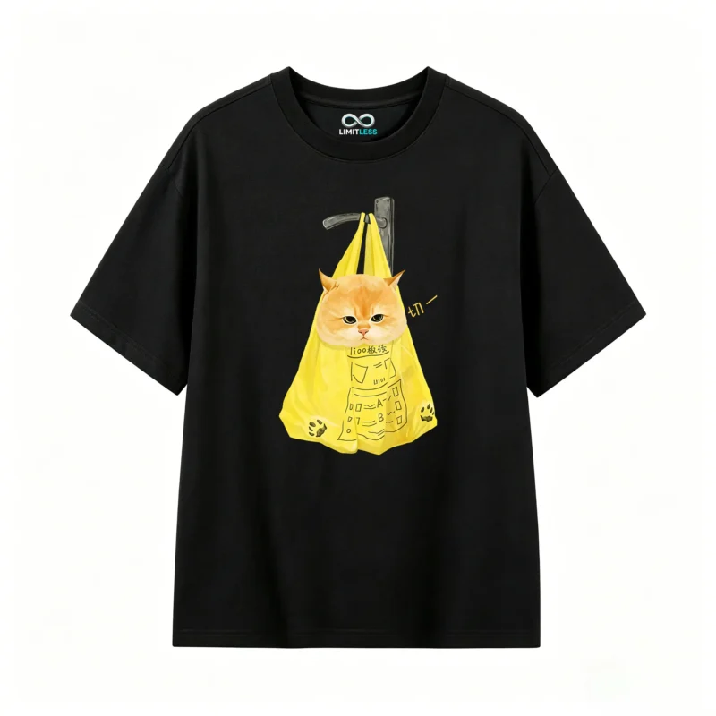 Remera Algodón Estampado Gato Bolsa Amarillo Oversize Premium