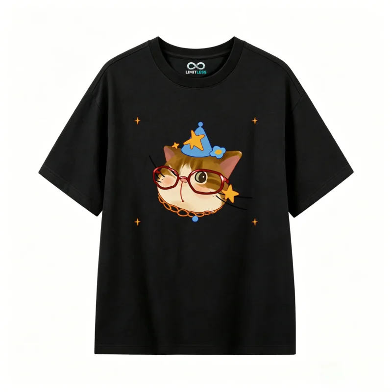 主图_1 Remera Algodón Estampado Gato Mago Lentes Kawaii Oversize