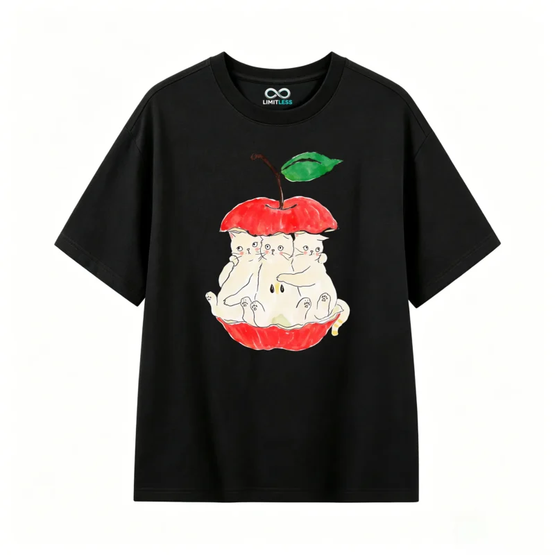 Remera Algodón Estampada Diseño Gatitos Manzana Kawaii