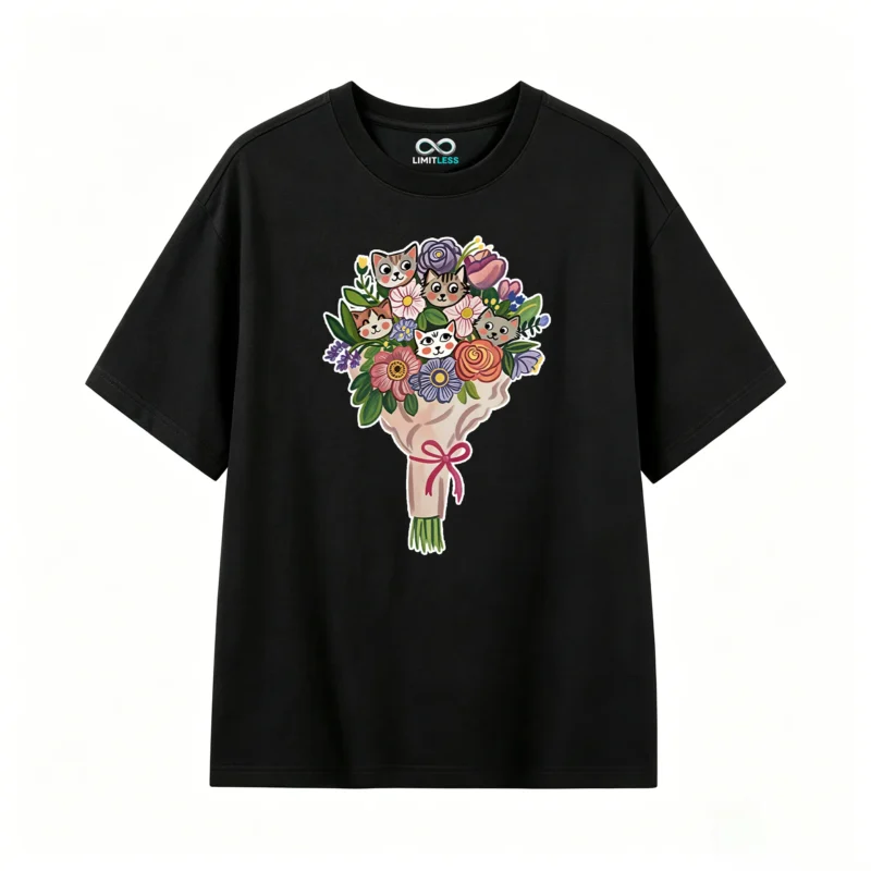 Remera Algodón Ramo Gatos Flores Diseño Kawaii Estampado