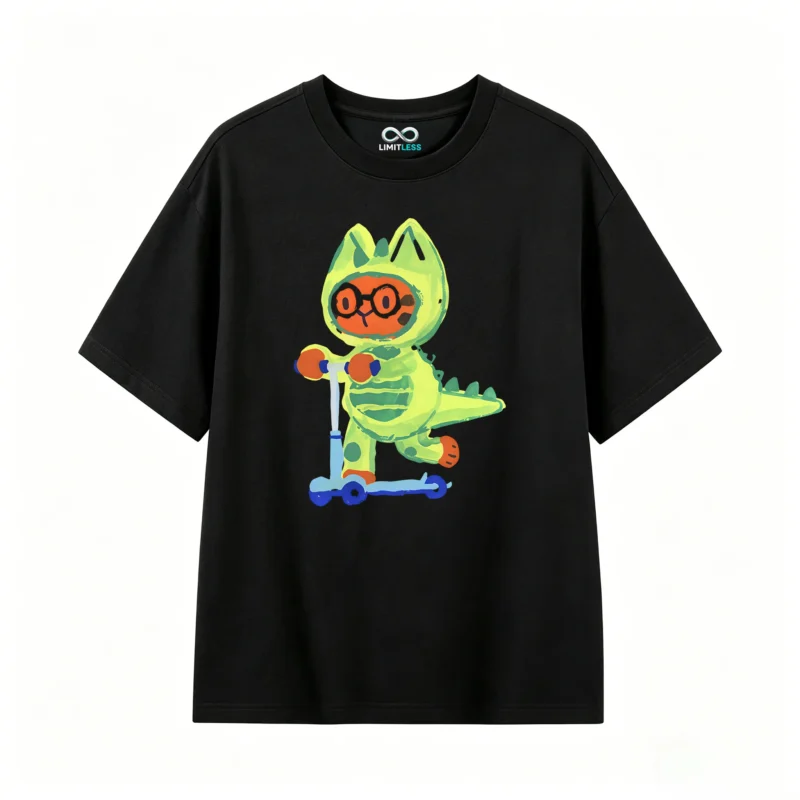 Remera Algodón Estampado Dino Scooter Diseño Kawaii Premium