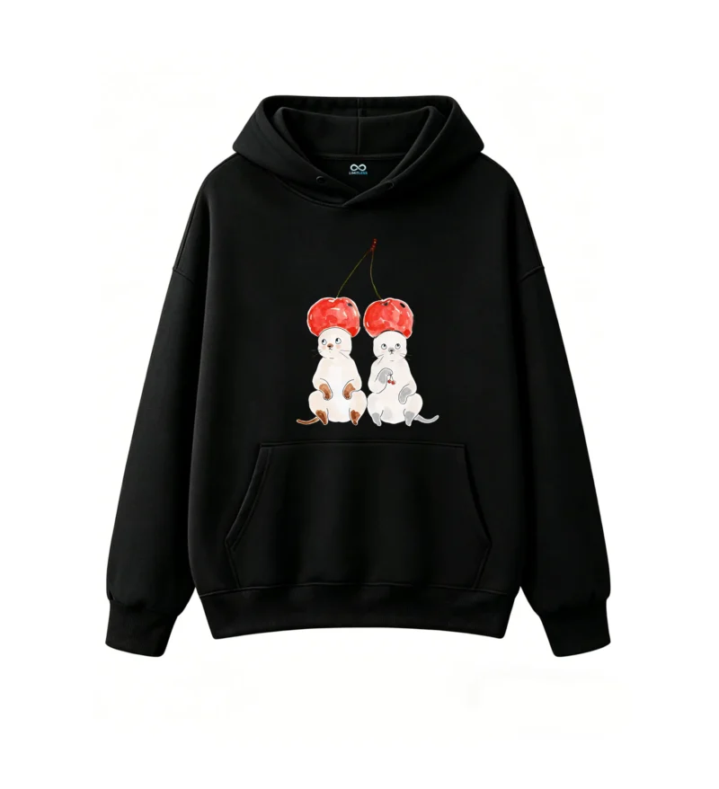 主图_1 Buzo con Capucha Algodón Estampado Gatos Cerezas Diseño Kawaii Trendy