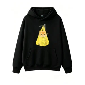 主图_1 Buzo con Capucha Algodón Estampado Gato Bolsa Amarillo Oversize Premium