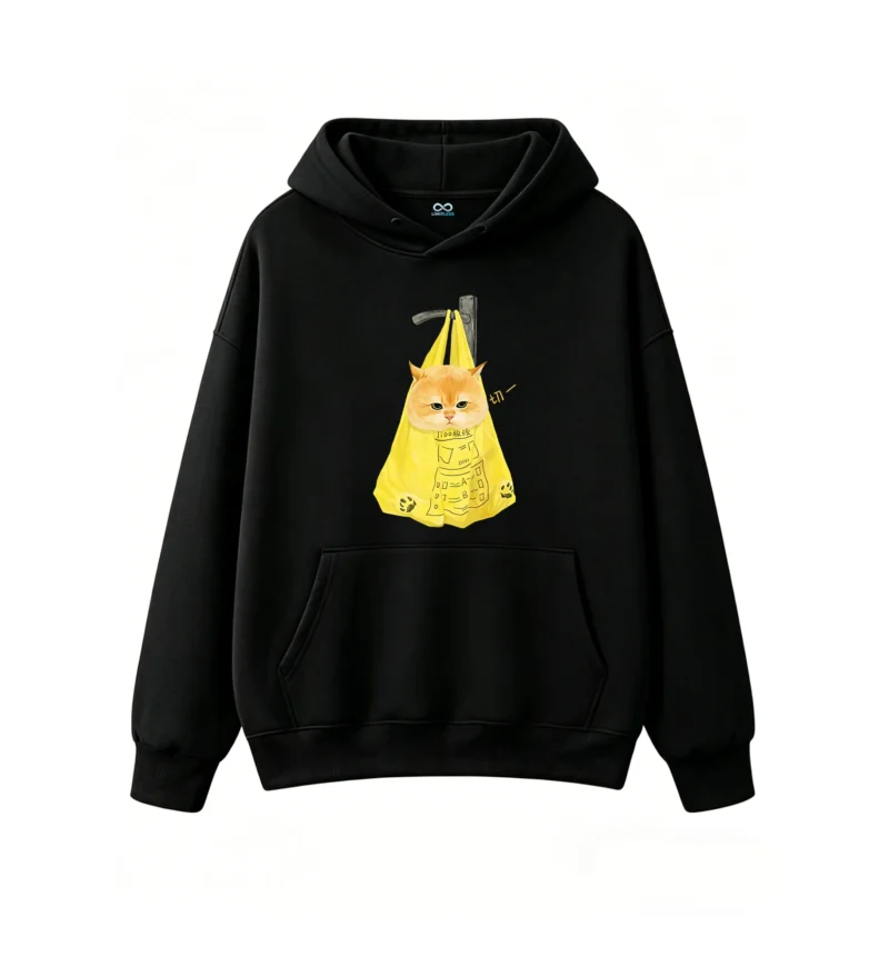 主图_1 Buzo con Capucha Algodón Estampado Gato Bolsa Amarillo Oversize Premium