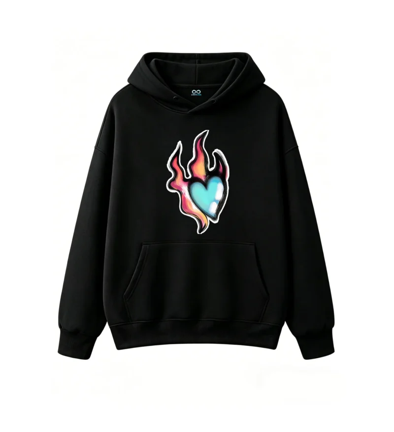 Buzo con Capucha Algodón Estampado Corazón Fuego Diseño Urbano Premium