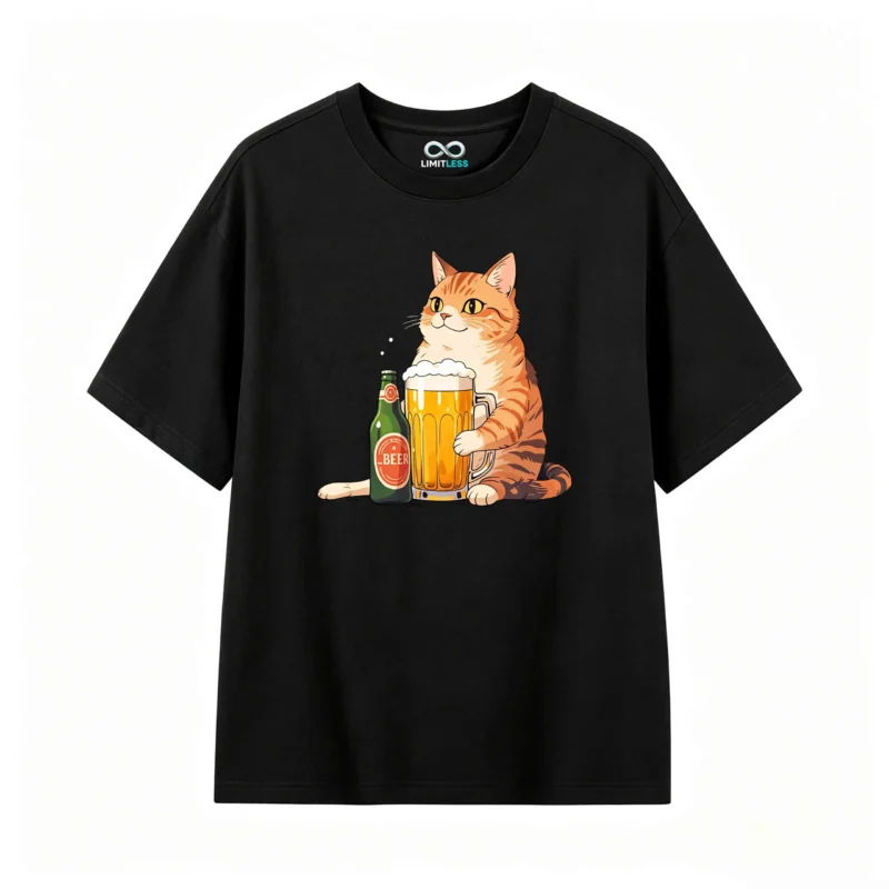 主图_1 Remera Algodón Estampada Gato Cerveza Diseño Original Casual