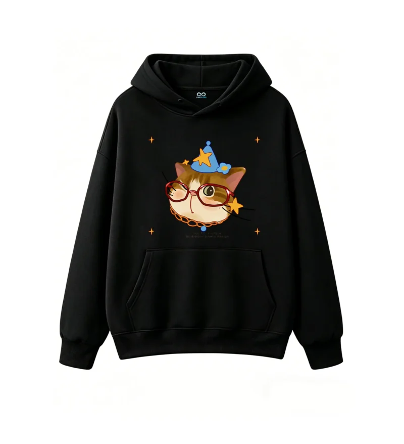 主图_1 Buzo con Capucha Algodón Estampado Gato Mago Lentes Kawaii Oversize