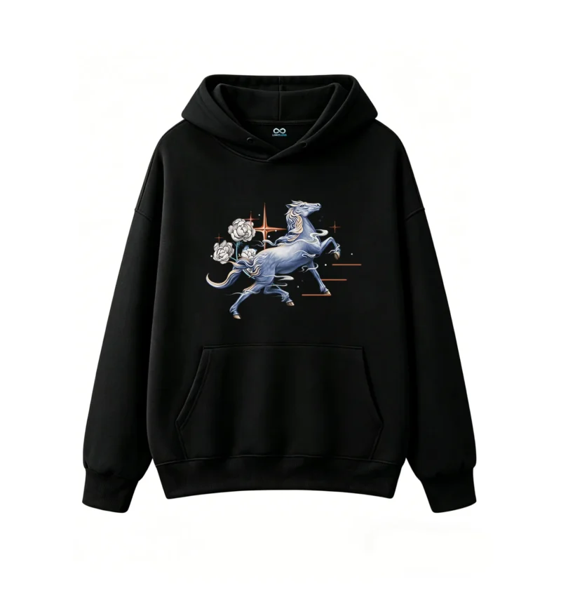 主图_1 Buzo con Capucha Algodón Estampado Caballo Flores Diseño Místico Premium