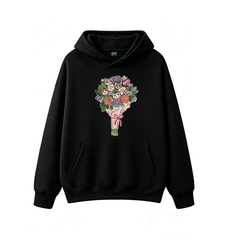 Buzo con Capucha Algodón Ramo Gatos Flores Diseño Kawaii Estampado