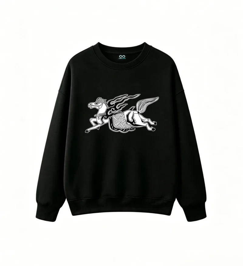 Sudadera Cuello Redondo Algodón Estampado Caballo Fuego Diseño Urbano Premium