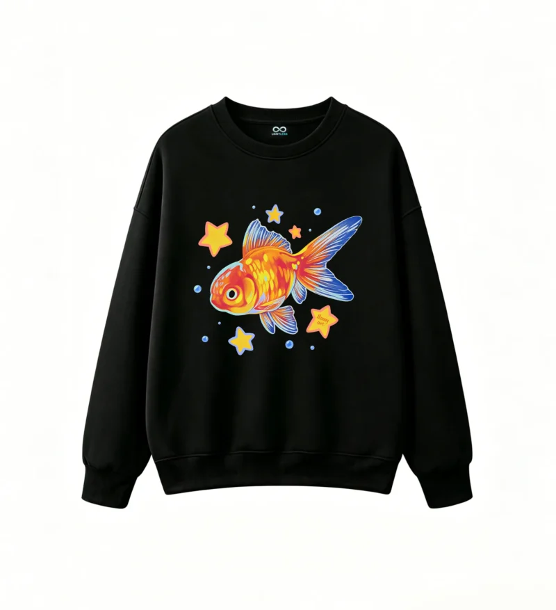 Sudadera Cuello Redondo Algodón Estampado Pez Dorado Estilo Artístico Casual