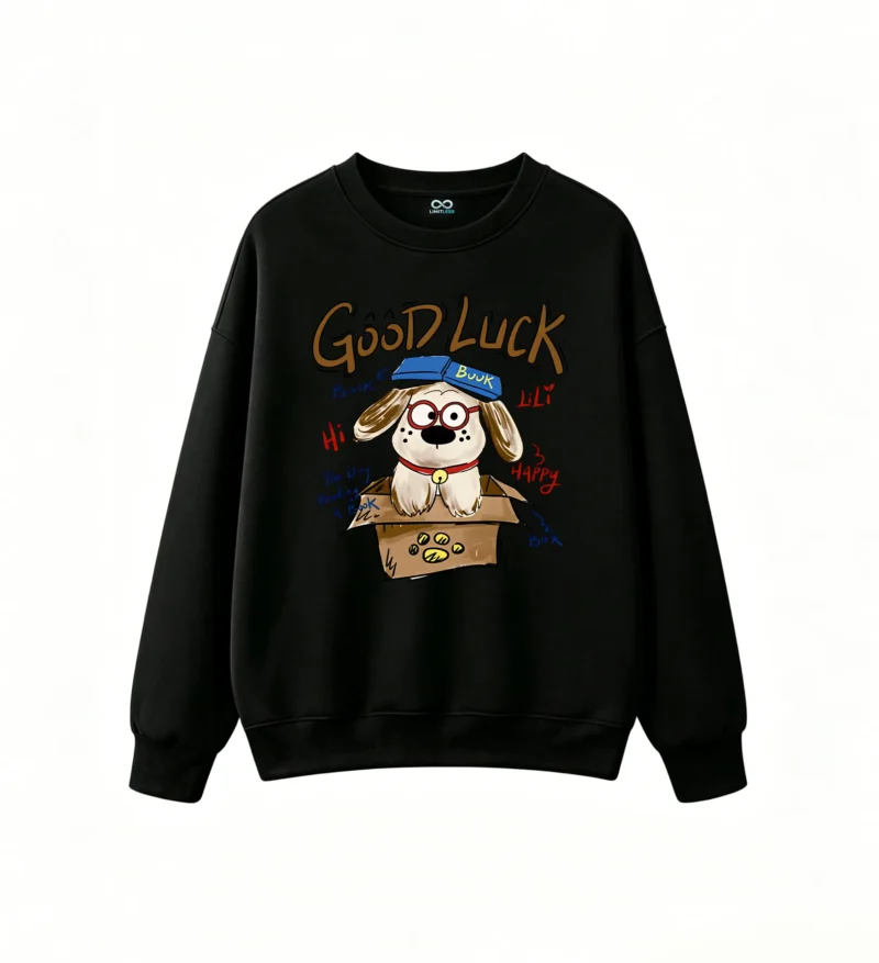 Sudadera Cuello Redondo Algodón Estampado Good Luck Diseño Perro Casual Moda