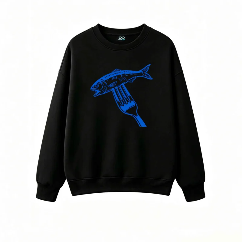 Sudadera Cuello Redondo Algodón Estampado Pescado Tenedor Diseño Premium