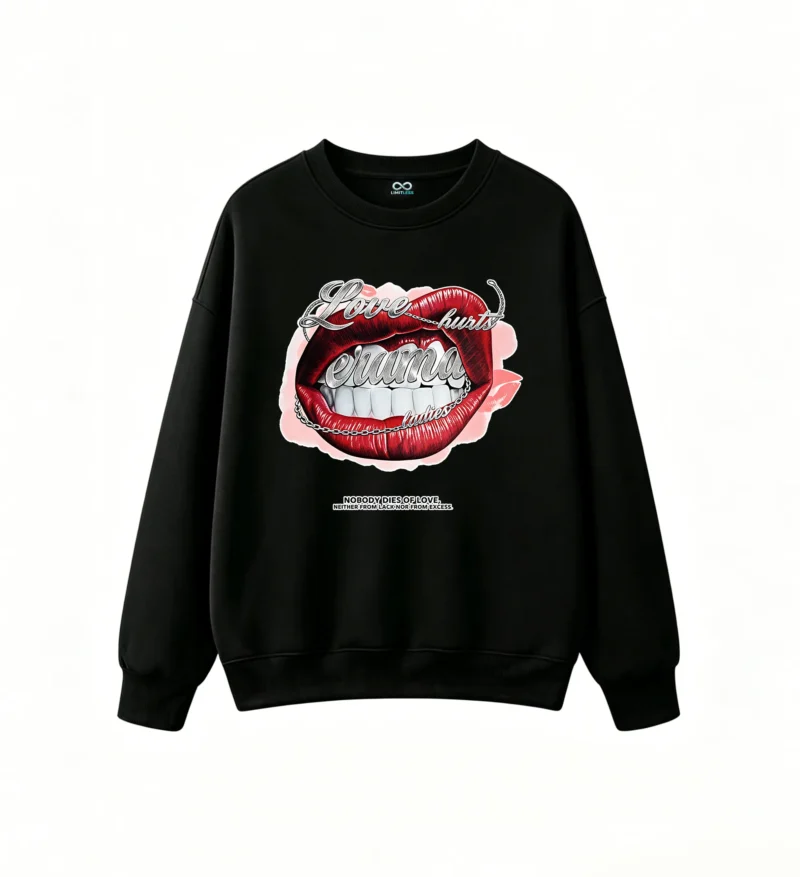 Sudadera Cuello Redondo Algodón Estampado Love Hurts Estilo Rock Urbano