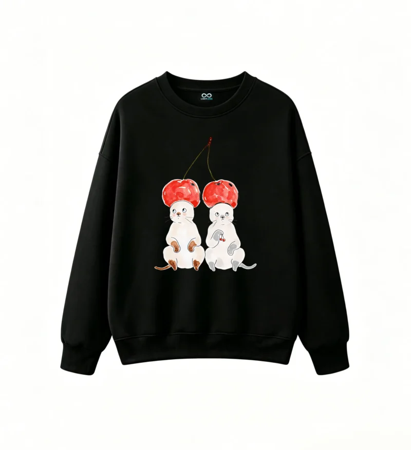 Sudadera Cuello Redondo Algodón Estampado Gatos Cerezas Diseño Kawaii Casual