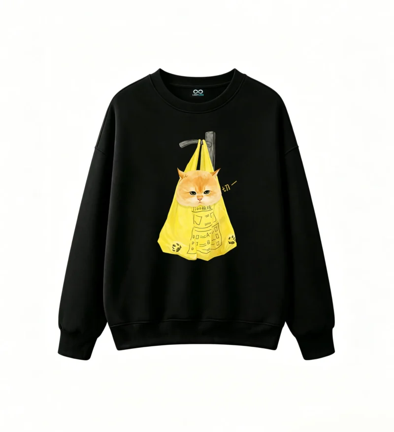Sudadera Cuello Redondo Algodón Estampado Gato Bolsa Kawaii Premium Envío