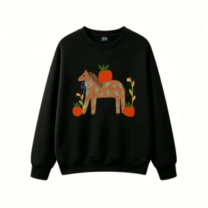 Sudadera Cuello Redondo Algodón Estampado Caballo Manzanas Diseño Único