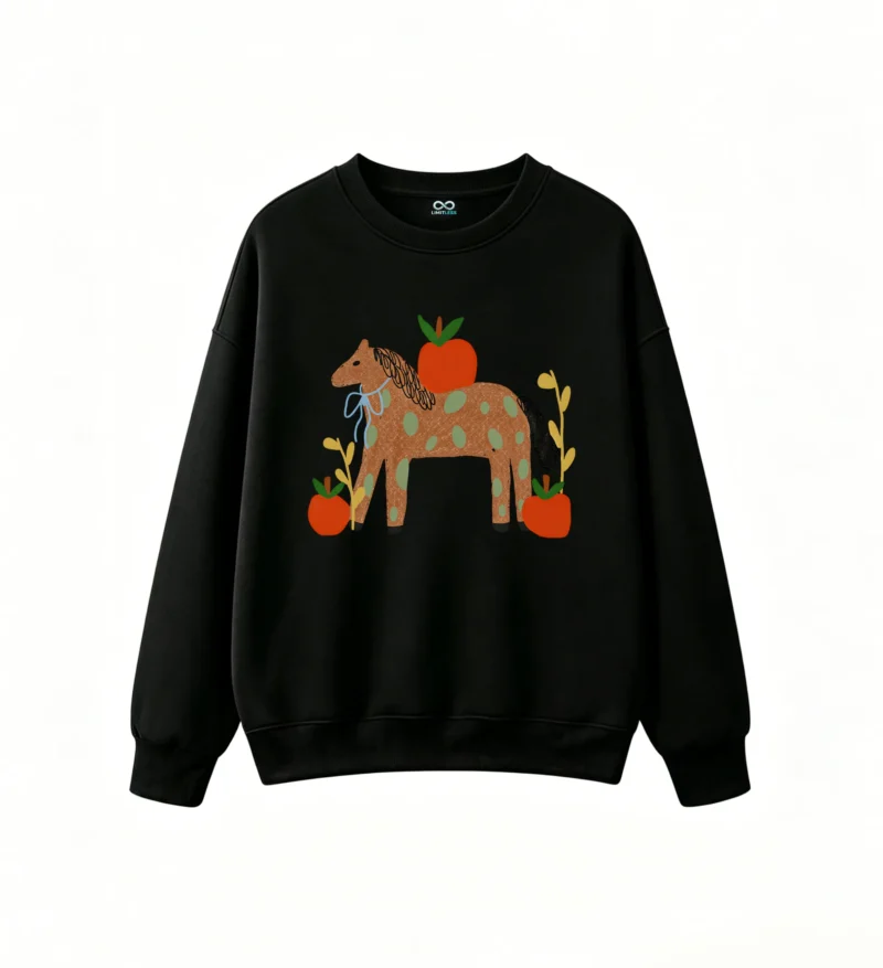 主图_1 Sudadera Cuello Redondo Algodón Estampado Caballo Manzanas Diseño Único
