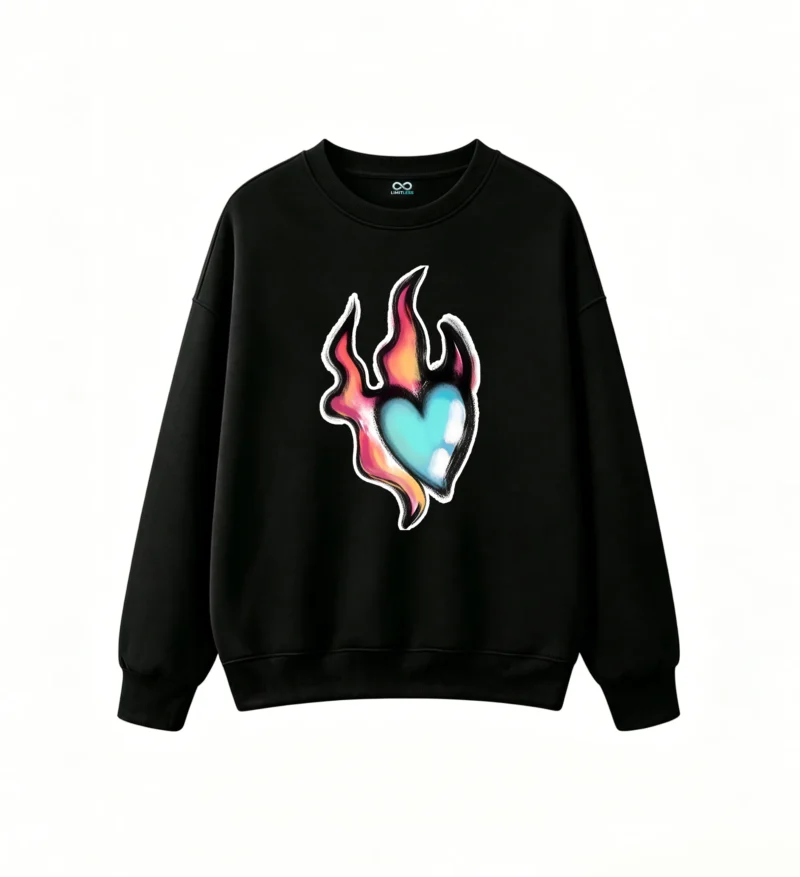 Sudadera Cuello Redondo Algodón Estampado Corazón Fuego Trendy Oversize
