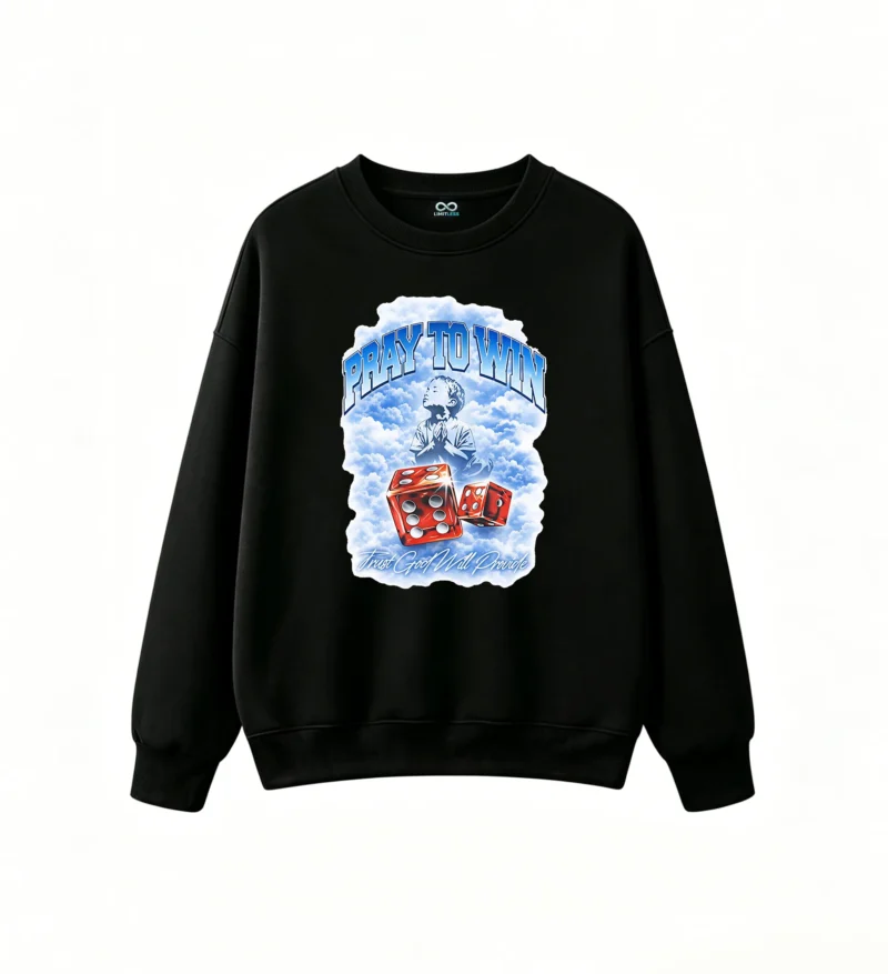 Sudadera Cuello Redondo Pray To Win Algodón Estampado Urbano Oversize Premium