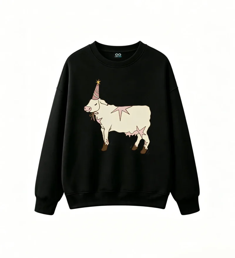 Sudadera Cuello Redondo Algodón Estampado Vaca Con Gorro Fiesta Aesthetic