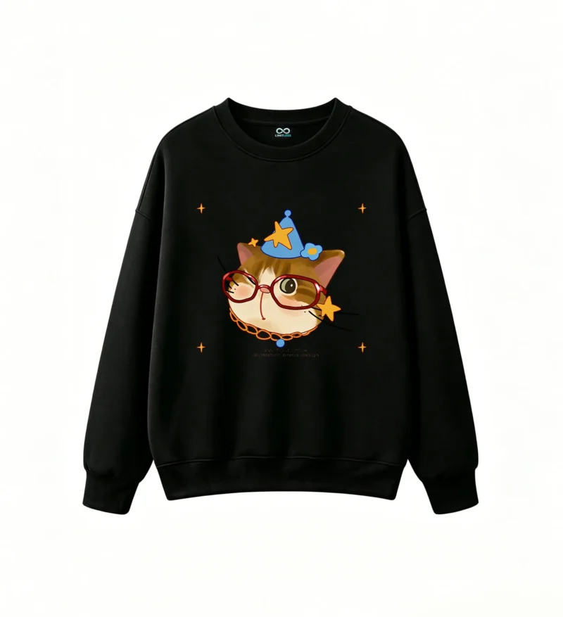 主图_1 Sudadera Cuello Redondo Algodón Estampado Gato Mago Lentes Kawaii Oversize