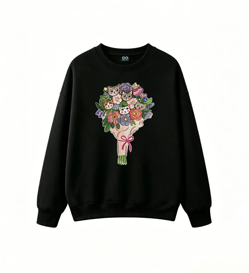 Sudadera Cuello Redondo Algodón Estampado Ramo Flores Gatitos Kawaii Casual