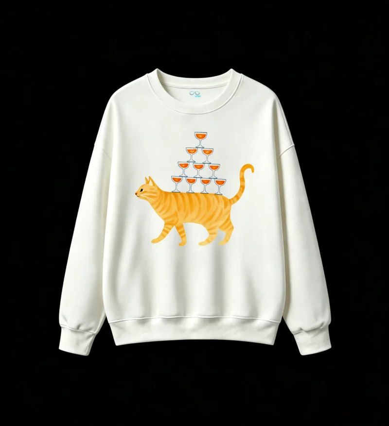 Buzo Cuello Redondo Algodón Estampada Gato Copas Diseño Original Casual