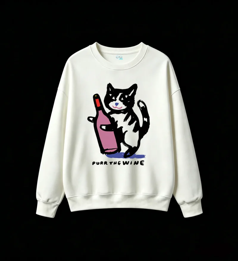 主图_2 Buzo Cuello Redondo Algodón Estampada Gato Con Vino Diseño Minimalista
