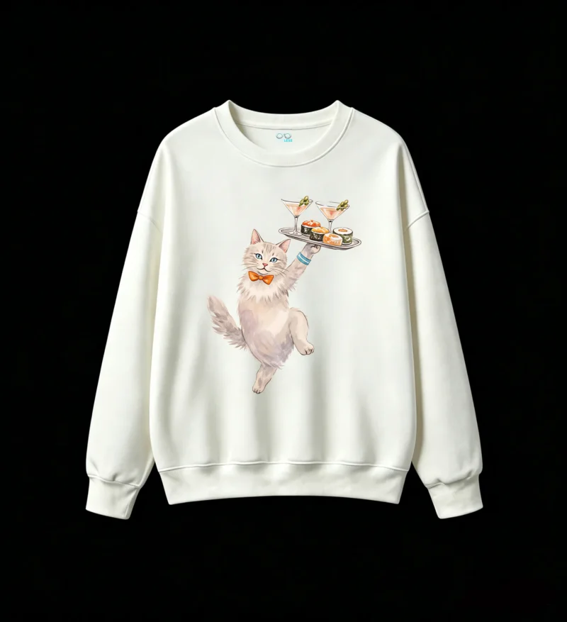 主图_2 Buzo Cuello Redondo Algodón Estampado Gato Mesero Sushi Premium Kawaii