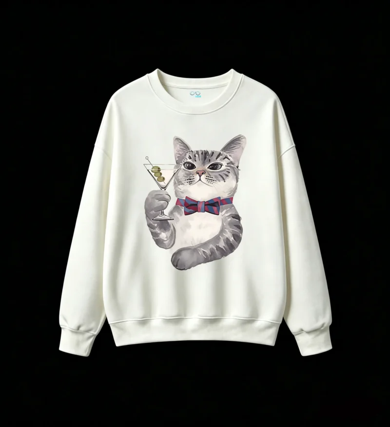 Buzo Cuello Redondo Algodón Estampado Gato Martini Elegante Premium